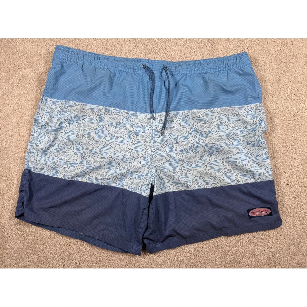 Vineyard Vines Mens XL Blue Colorblock Fish Chappy Swim Trunks 7 Inch Inseam
